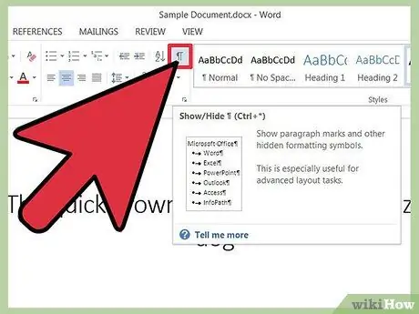 Išjunkite pastraipų simbolius „Microsoft Word“2 veiksme