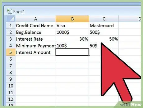 Изчислете лихвите по кредитни карти с Excel Стъпка 3