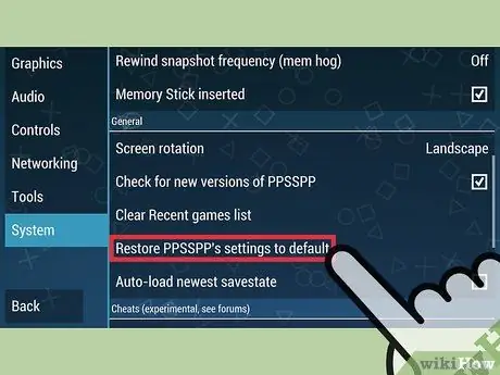 Restaurar la configuració predeterminada en un PPSSPP Pas 5